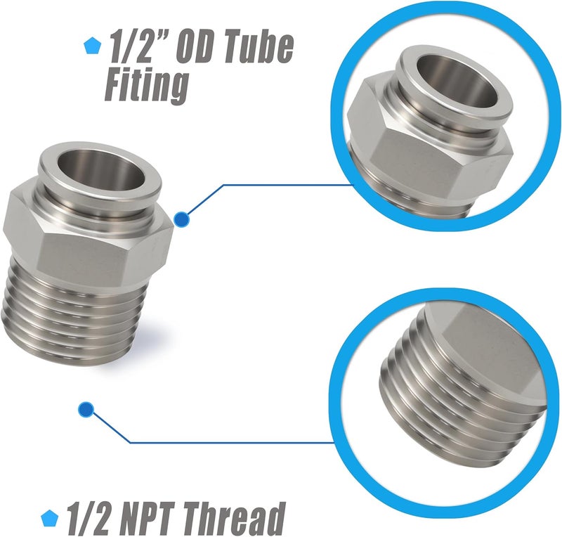 MSAEIQUN Stainless Steel 1/2 Air hose fittings, Push to Connect Air fittings Male Straight 1/2 Inch Tube OD x 1/2 NPT Thread Fitting (Pack of 2) - Image 2
